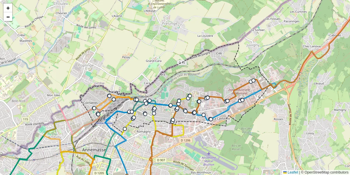 Carte du réseau de transport en commun à Ville-la-Grand - lignes de bus et arrêts