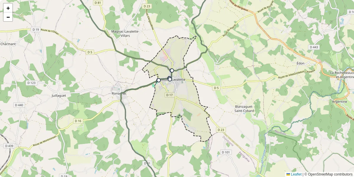 Carte du réseau de transport en commun à Villebois-Lavalette - lignes de bus et arrêts