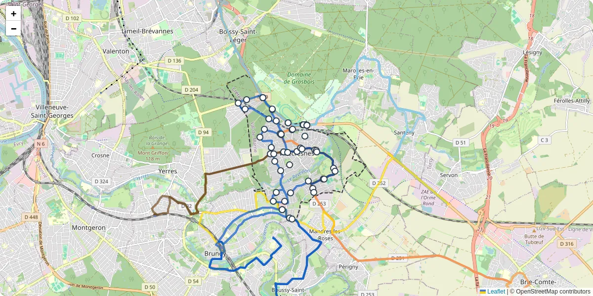Carte du réseau de transport en commun à Villecresnes - lignes de bus et arrêts