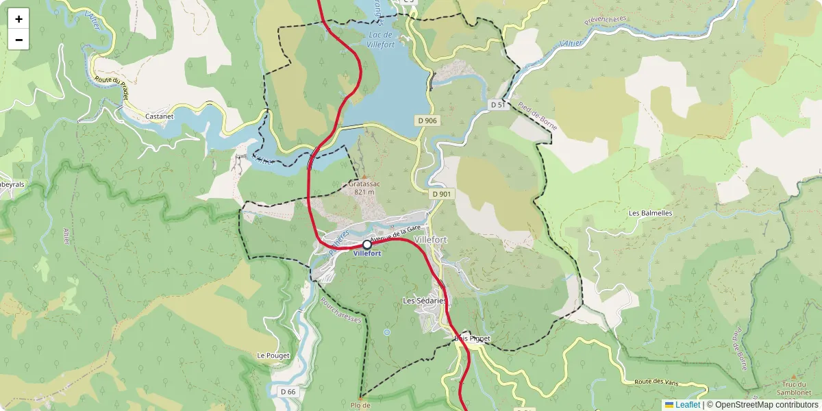 Carte du réseau de transport en commun à Villefort - lignes de bus et arrêts