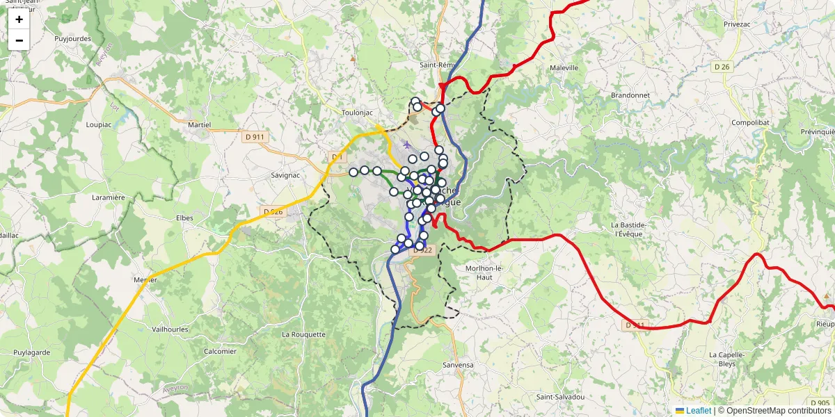 Carte du réseau de transport en commun à Villefranche-de-Rouergue - lignes de bus et arrêts