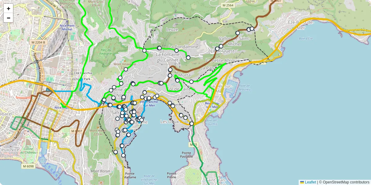 Carte du réseau de transport en commun à Villefranche-sur-Mer - lignes de bus et arrêts