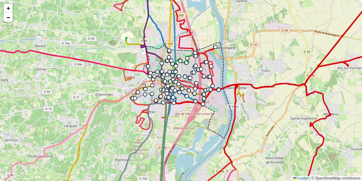 Carte du réseau de transport en commun à Villefranche-sur-Saône - lignes de bus et arrêts