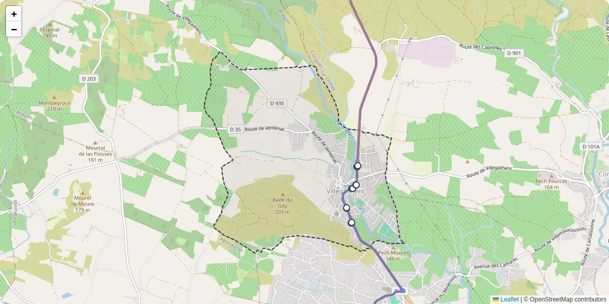 Carte du réseau de transport en commun à Villegailhenc - lignes de bus et arrêts