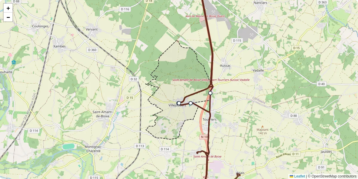 Carte du réseau de transport en commun à Villejoubert - lignes de bus et arrêts