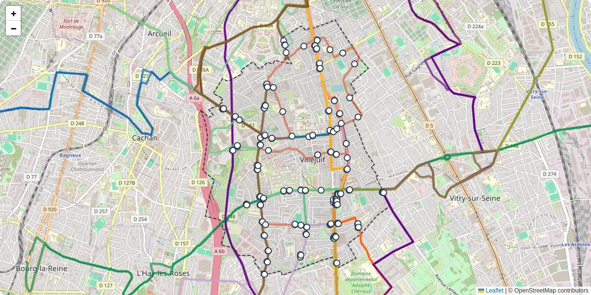 Carte du réseau de transport en commun à Villejuif - lignes de bus et arrêts