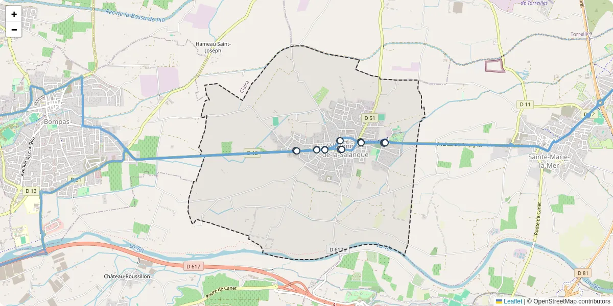 Carte du réseau de transport en commun à Villelongue-de-la-Salanque - lignes de bus et arrêts