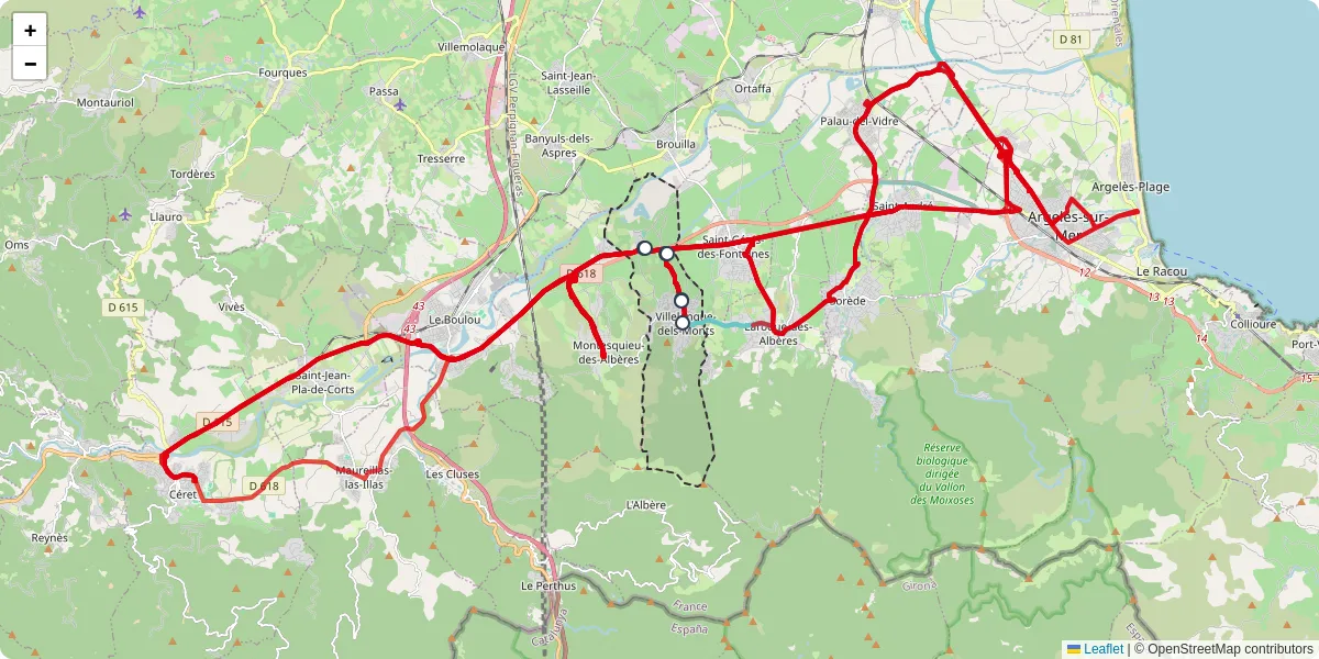 Carte du réseau de transport en commun à Villelongue-dels-Monts - lignes de bus et arrêts