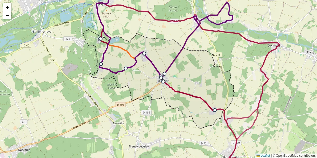 Carte du réseau de transport en commun à Villemer - lignes de bus et arrêts