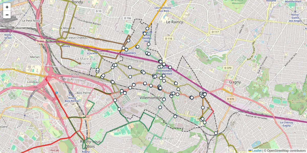 Carte du réseau de transport en commun à Villemomble - lignes de bus et arrêts