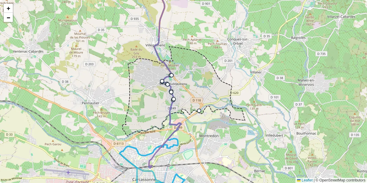 Carte du réseau de transport en commun à Villemoustaussou - lignes de bus et arrêts