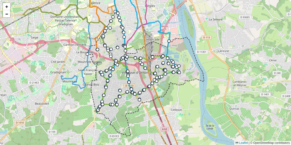 Carte du réseau de transport en commun à Villenave-d'Ornon - lignes de bus et arrêts