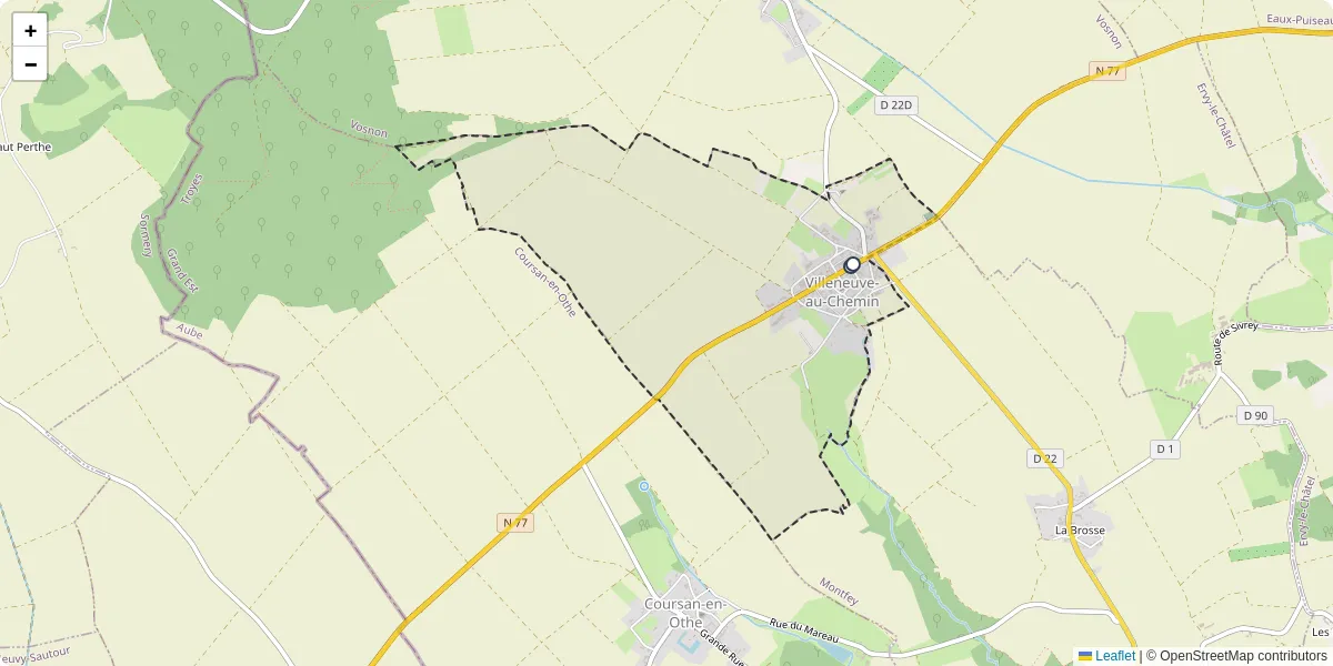 Carte du réseau de transport en commun à Villeneuve-au-Chemin - lignes de bus et arrêts