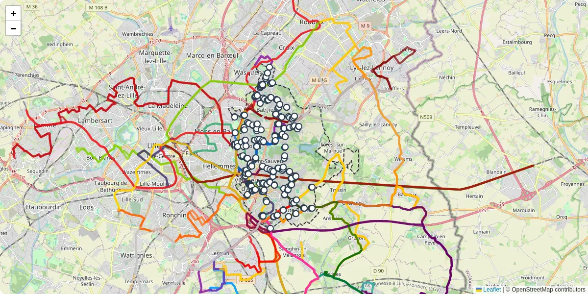 Carte du réseau de transport en commun à Villeneuve-d'Ascq - lignes de bus et arrêts
