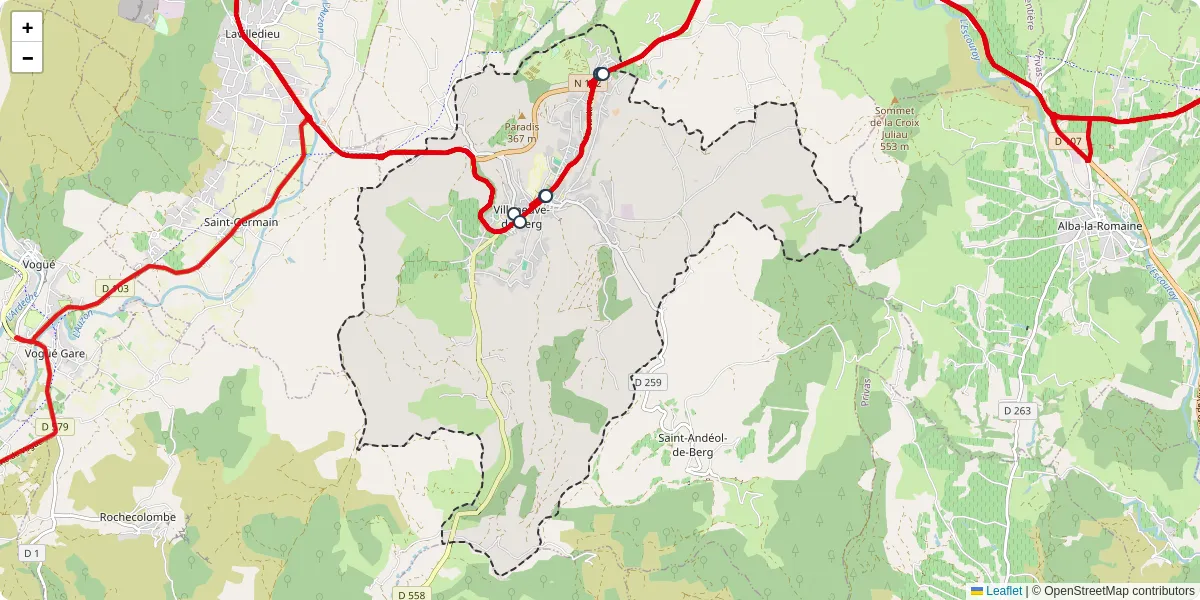 Carte du réseau de transport en commun à Villeneuve-de-Berg - lignes de bus et arrêts