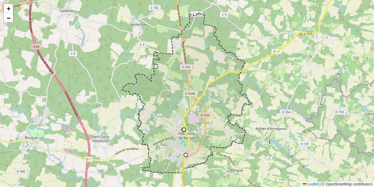 Carte du réseau de transport en commun à Villeneuve-de-Marsan - lignes de bus et arrêts