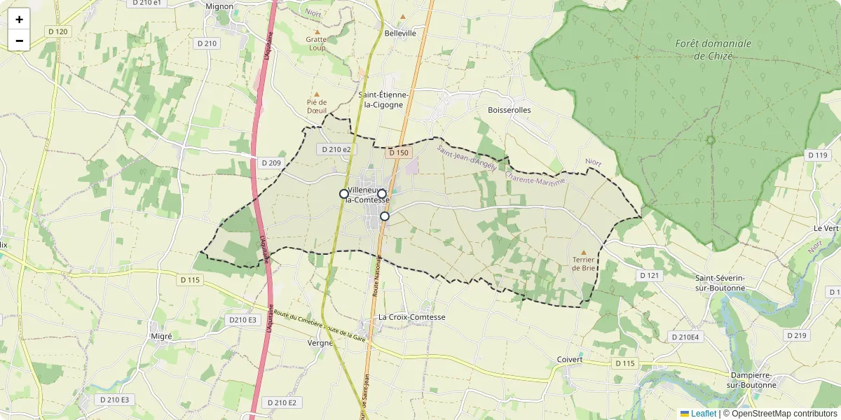 Carte du réseau de transport en commun à Villeneuve-la-Comtesse - lignes de bus et arrêts