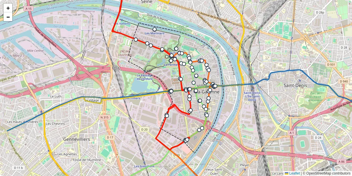 Carte du réseau de transport en commun à Villeneuve-la-Garenne - lignes de bus et arrêts