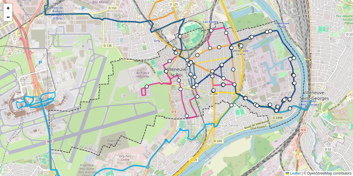 Carte du réseau de transport en commun à Villeneuve-le-Roi - lignes de bus et arrêts