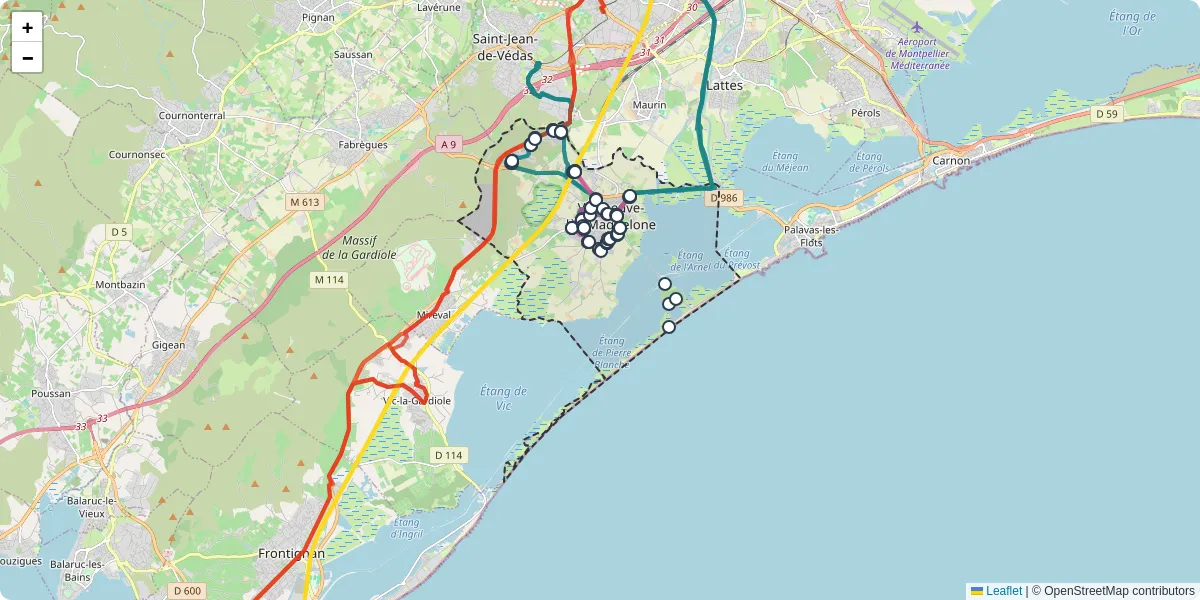 Carte du réseau de transport en commun à Villeneuve-lès-Maguelone - lignes de bus et arrêts