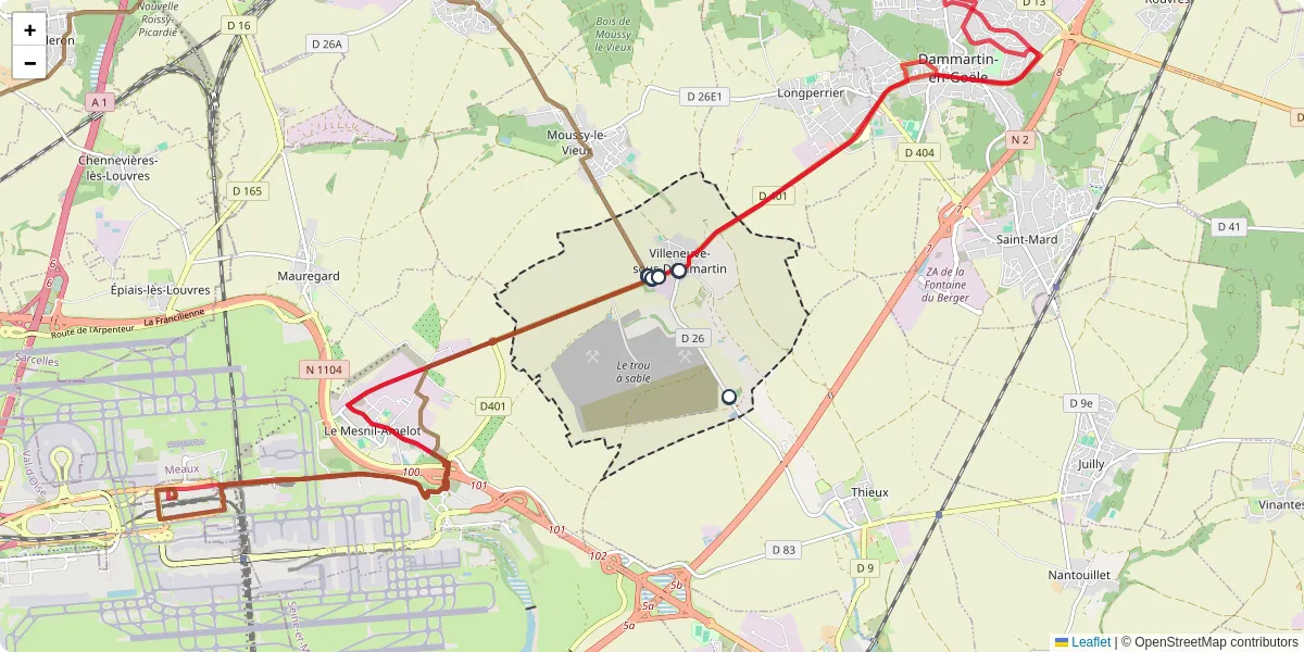 Carte du réseau de transport en commun à Villeneuve-sous-Dammartin - lignes de bus et arrêts
