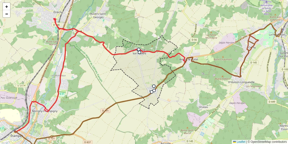 Carte du réseau de transport en commun à Villeneuve-sur-Auvers - lignes de bus et arrêts