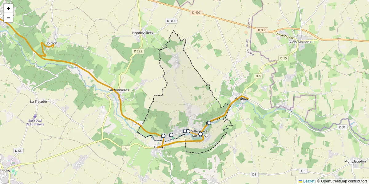 Carte du réseau de transport en commun à Villeneuve-sur-Bellot - lignes de bus et arrêts