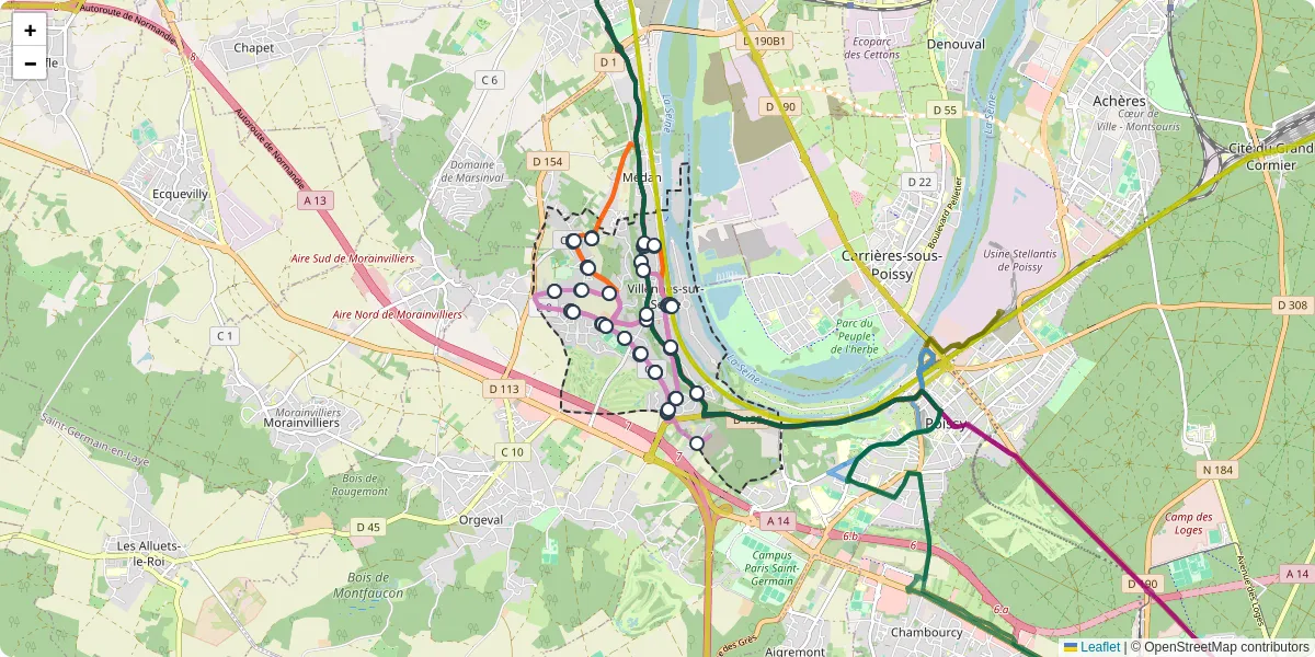 Carte du réseau de transport en commun à Villennes-sur-Seine - lignes de bus et arrêts