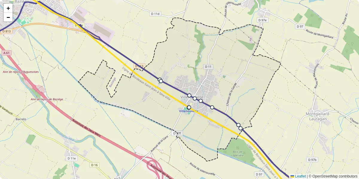 Carte du réseau de transport en commun à Villenouvelle - lignes de bus et arrêts