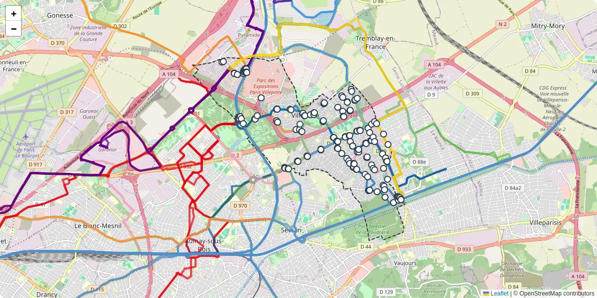 Carte du réseau de transport en commun à Villepinte - lignes de bus et arrêts