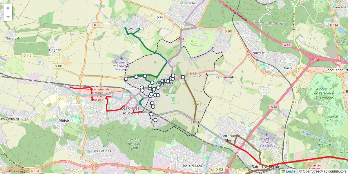 Carte du réseau de transport en commun à Villepreux - lignes de bus et arrêts