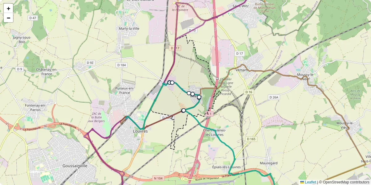 Carte du réseau de transport en commun à Villeron - lignes de bus et arrêts