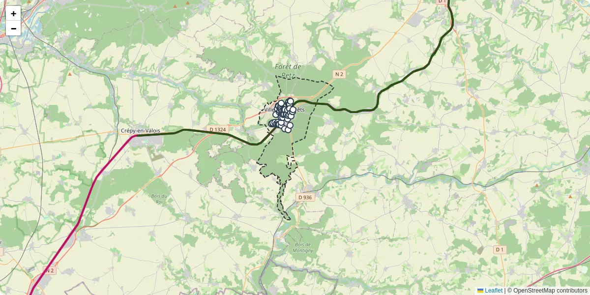 Carte du réseau de transport en commun à Villers-Cotterêts - lignes de bus et arrêts