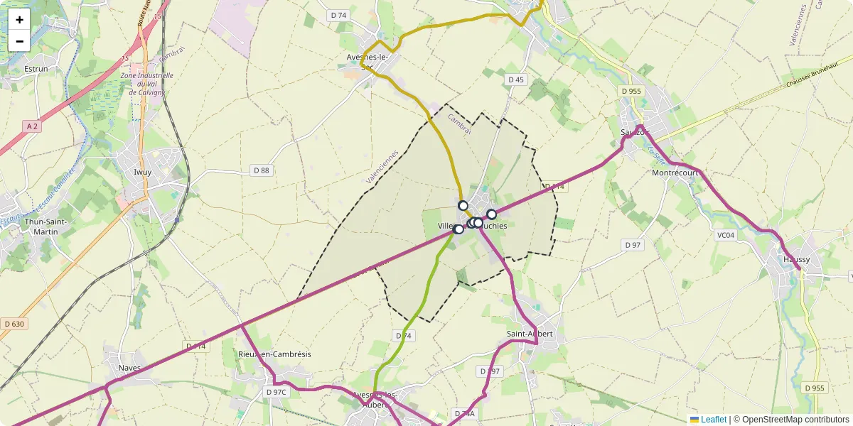 Carte du réseau de transport en commun à Villers-en-Cauchies - lignes de bus et arrêts