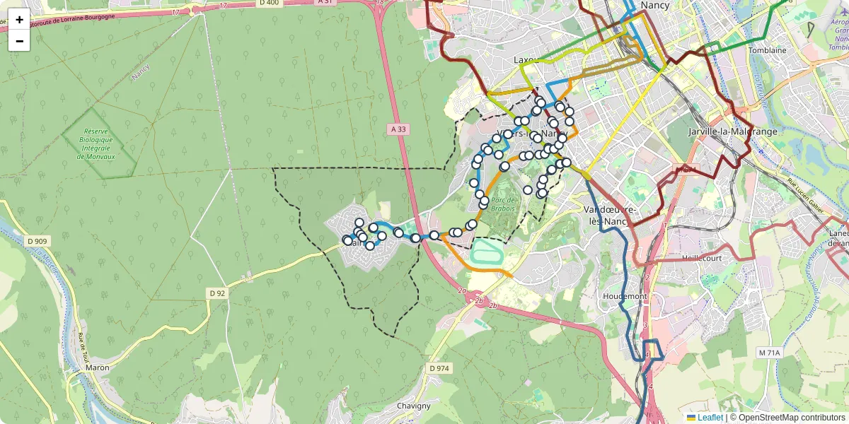Carte du réseau de transport en commun à Villers-lès-Nancy - lignes de bus et arrêts