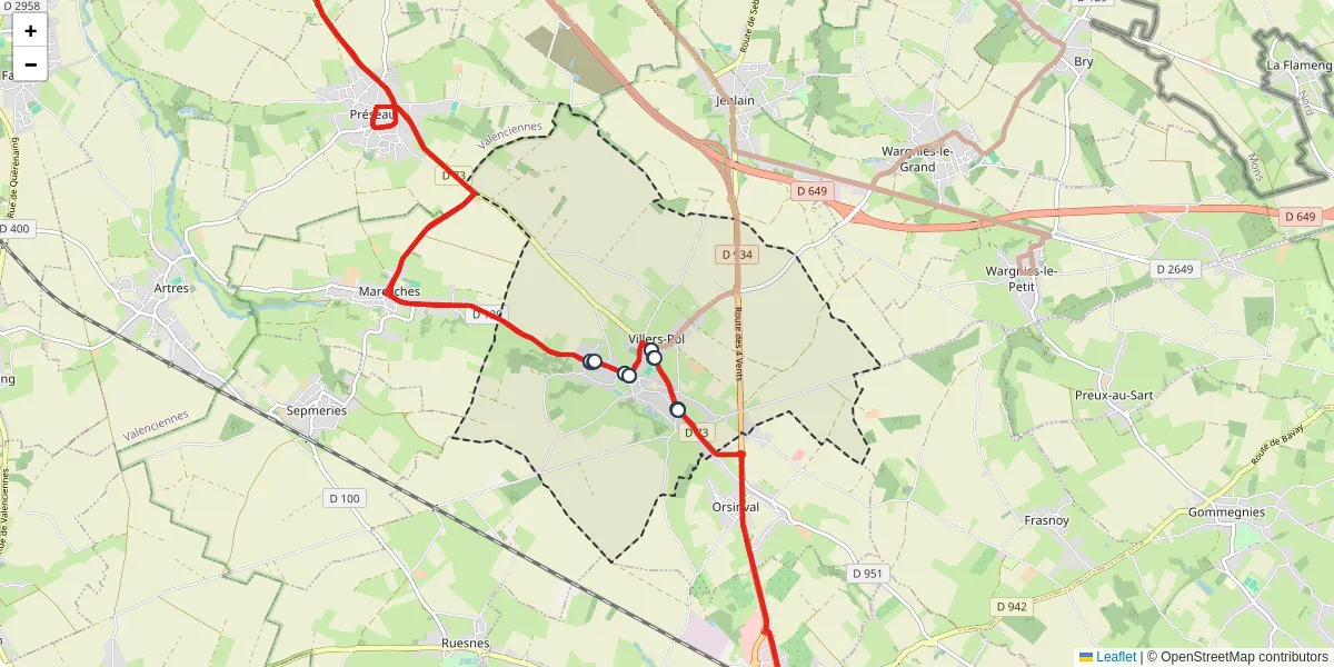 Carte du réseau de transport en commun à Villers-Pol - lignes de bus et arrêts