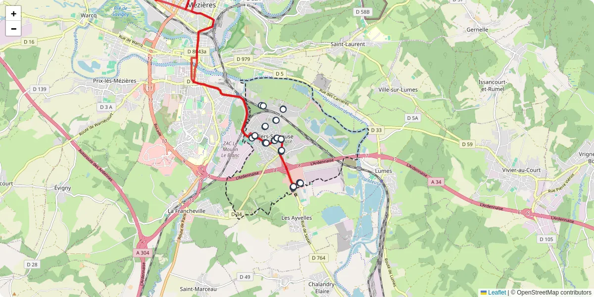 Carte du réseau de transport en commun à Villers-Semeuse - lignes de bus et arrêts