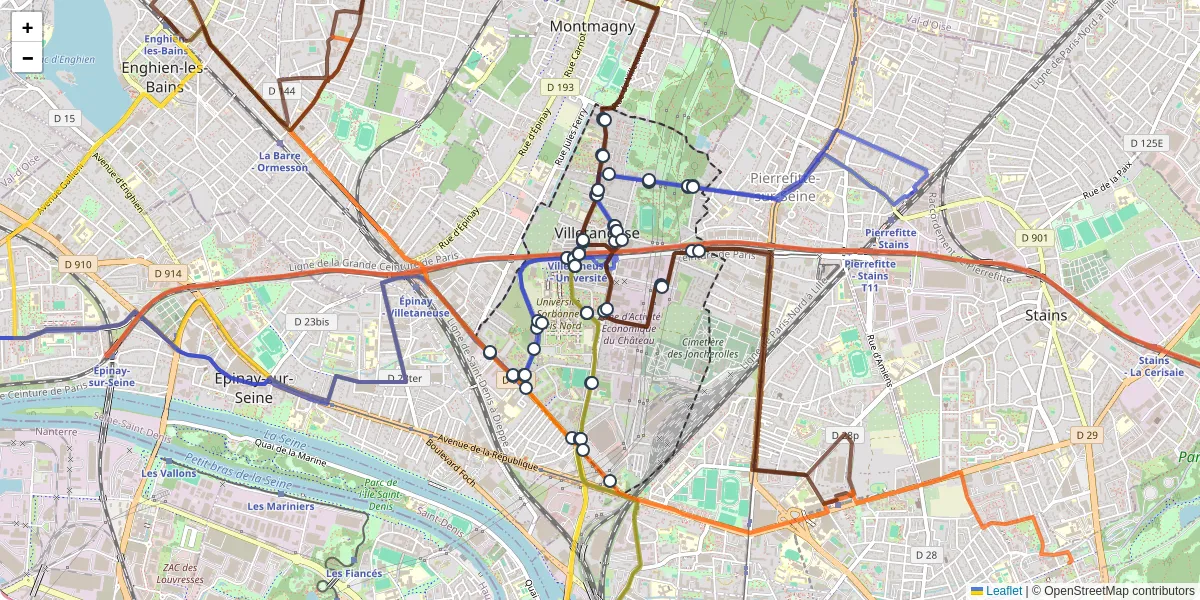 Carte du réseau de transport en commun à Villetaneuse - lignes de bus et arrêts