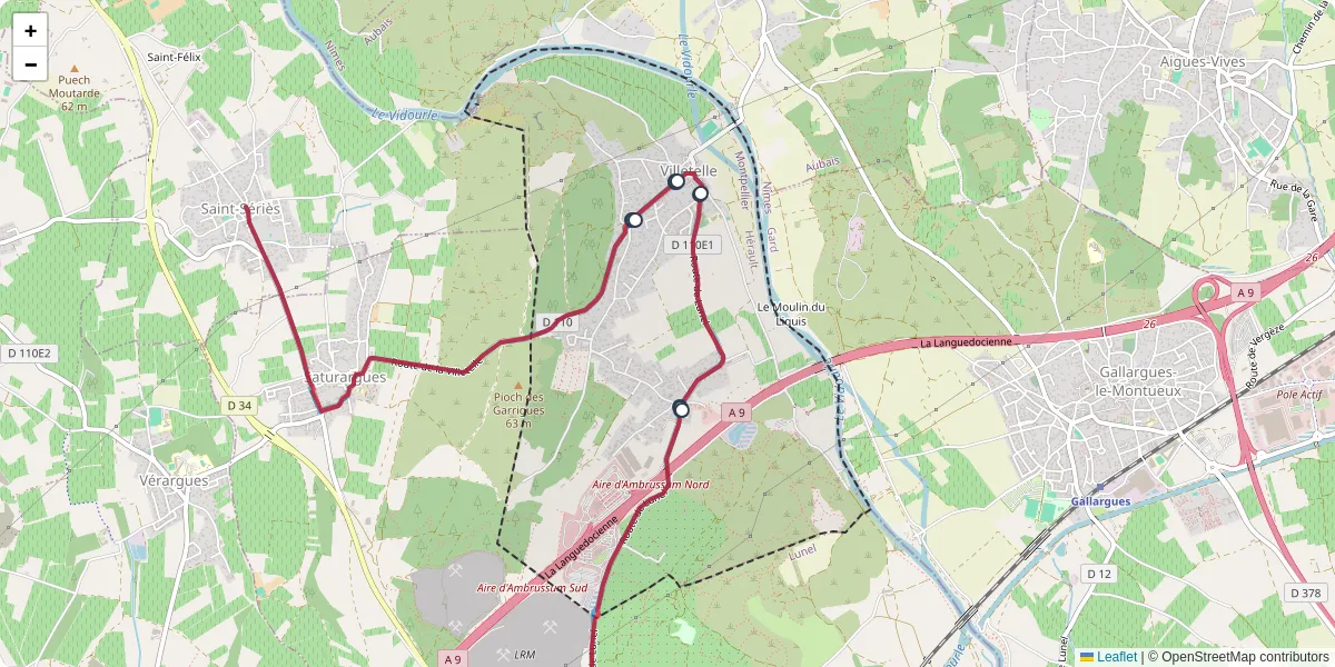 Carte du réseau de transport en commun à Villetelle - lignes de bus et arrêts