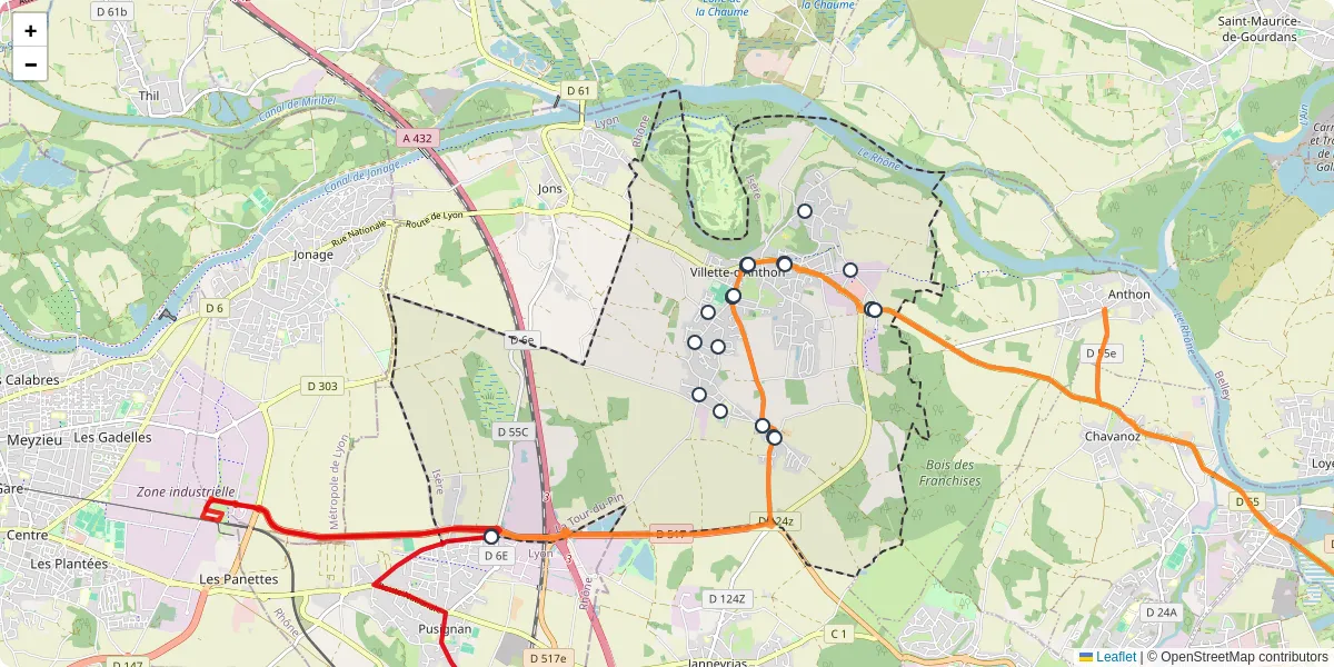Carte du réseau de transport en commun à Villette-d'Anthon - lignes de bus et arrêts