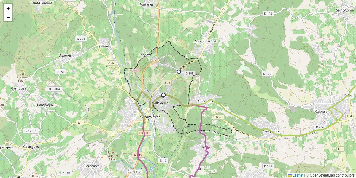 Carte du réseau de transport en commun à Villevieille - lignes de bus et arrêts