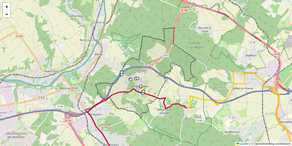 Carte du réseau de transport en commun à Villiers-Adam - lignes de bus et arrêts