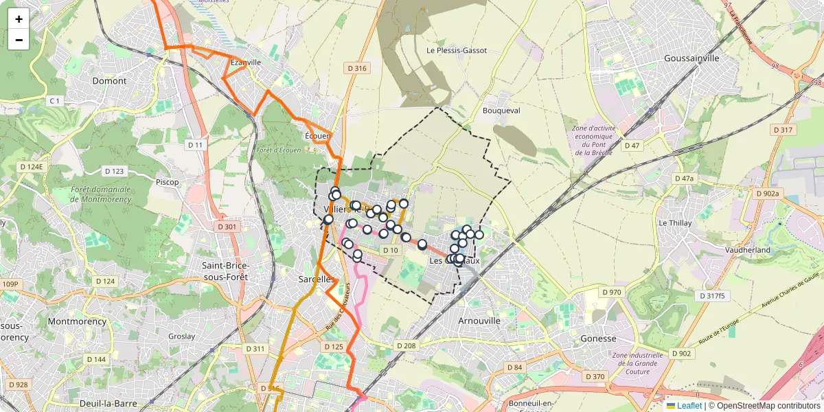 Carte du réseau de transport en commun à Villiers-le-Bel - lignes de bus et arrêts