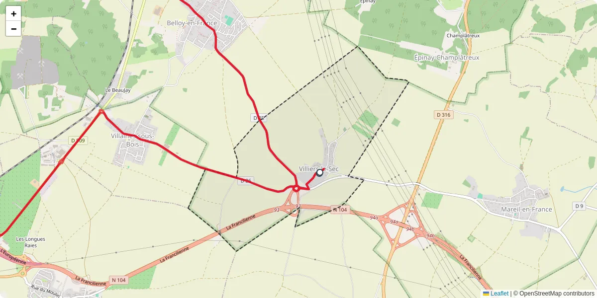 Carte du réseau de transport en commun à Villiers-le-Sec - lignes de bus et arrêts