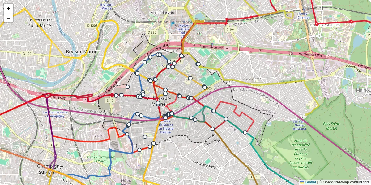 Carte du réseau de transport en commun à Villiers-sur-Marne - lignes de bus et arrêts