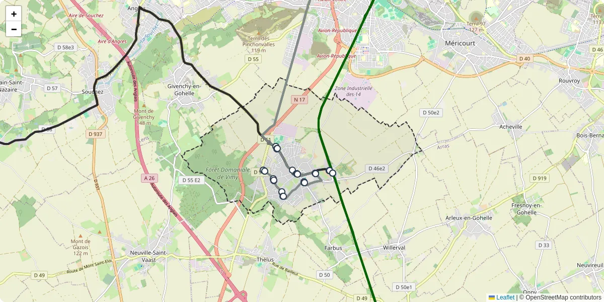 Carte du réseau de transport en commun à Vimy - lignes de bus et arrêts
