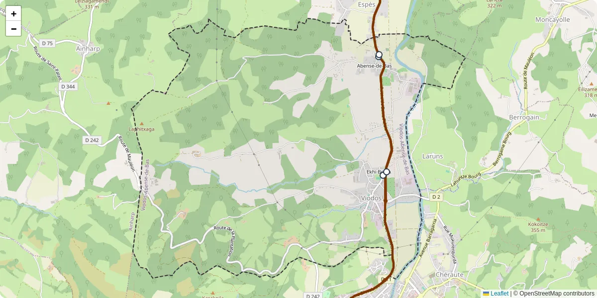 Carte du réseau de transport en commun à Viodos-Abense-de-Bas - lignes de bus et arrêts