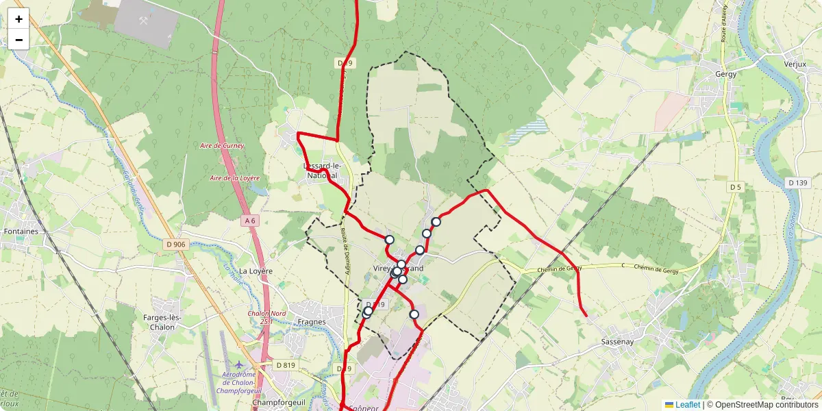 Carte du réseau de transport en commun à Virey-le-Grand - lignes de bus et arrêts