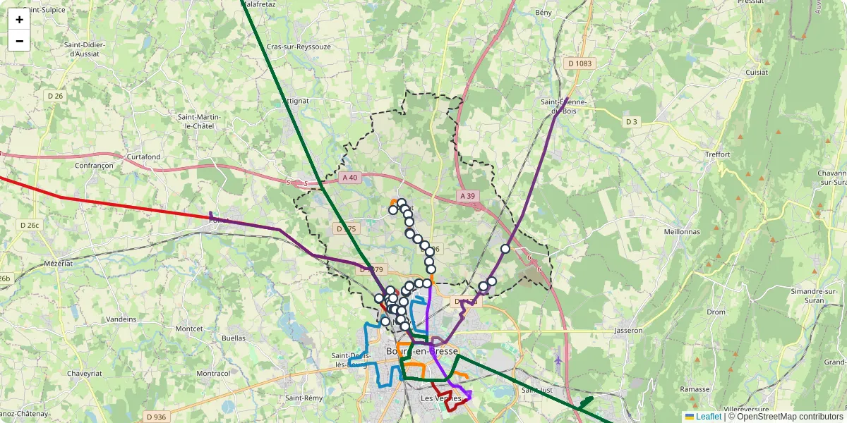 Carte du réseau de transport en commun à Viriat - lignes de bus et arrêts