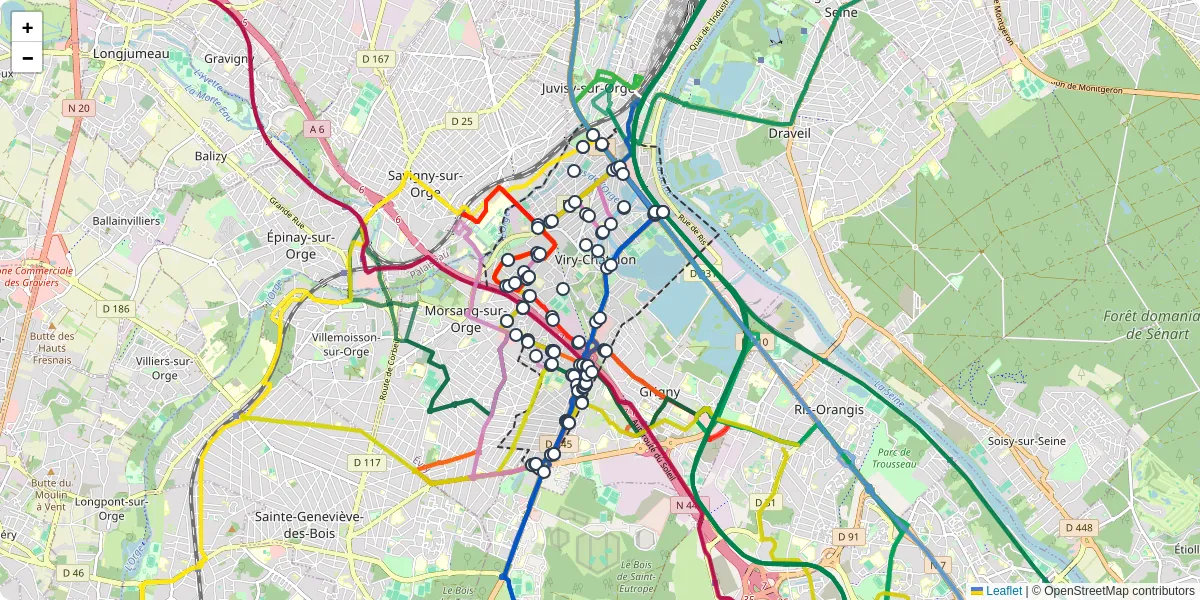 Carte du réseau de transport en commun à Viry-Châtillon - lignes de bus et arrêts
